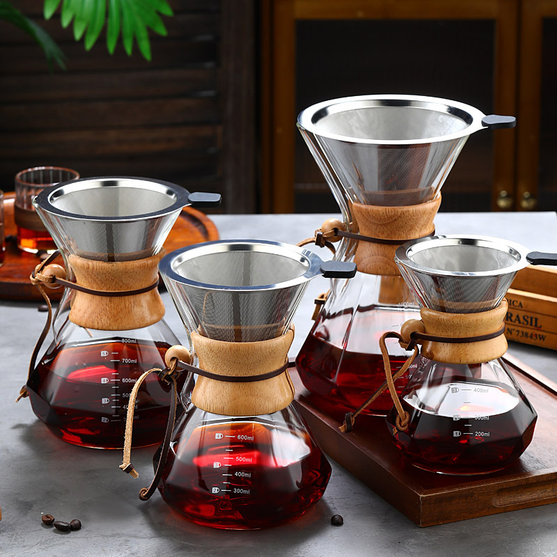 Thickened Wood Chip Coffee Pot Hand-Brewed Coffee Pot Set Household High Borosilicate Glass Coffee Sharing Pot Anti-Scalding Wooden Handle