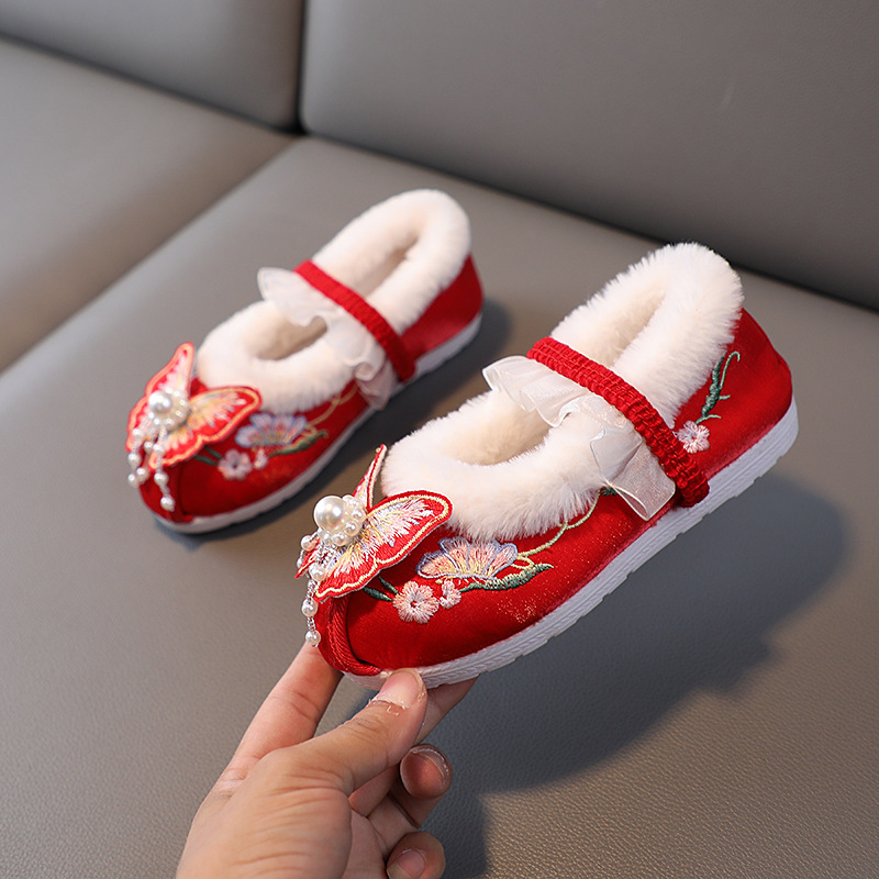 Autumn and Winter butterfly embroidery Hanfu embroidered shoes girls' ethnic style velvet shoes ancient style hanfu shoes performance ancient costume shoes