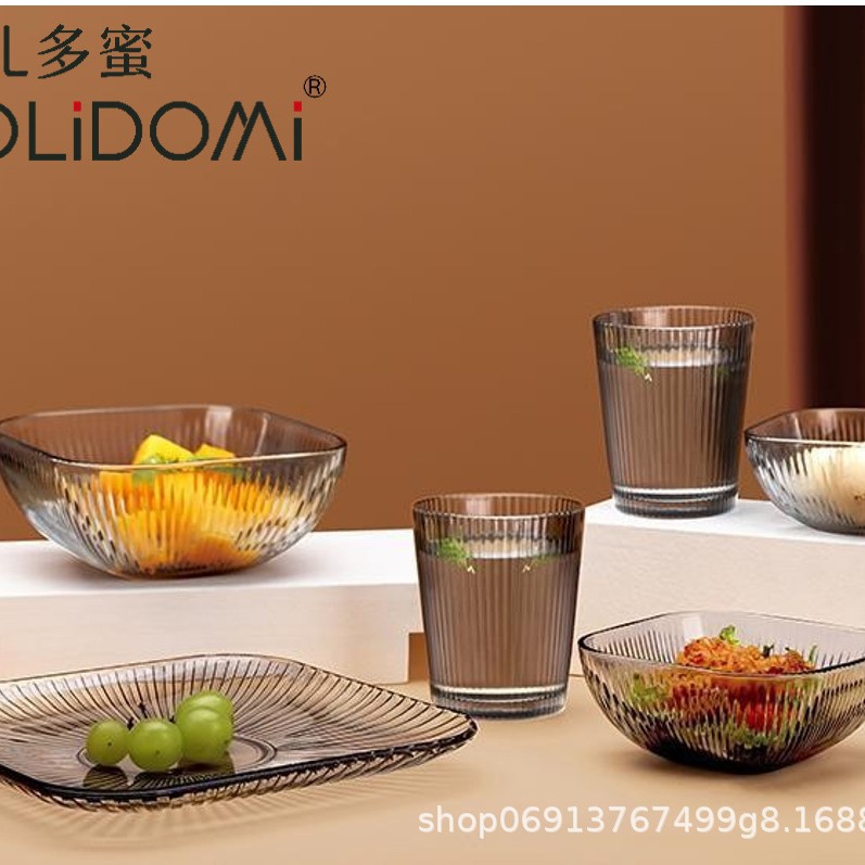 Bolitomo Vertical Pattern Light Luxury Glass Set Home Water Cup Dessert Salad Bowl Dinner Plate Souvenir Event Gift
