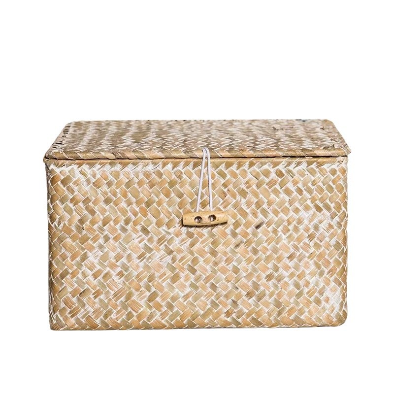 Hand-Woven Seagrass Woven Cosmetic Gift Storage Box with Black Buckle and Flat Lid Straw Woven Storage Basket Accompanying Gift Box