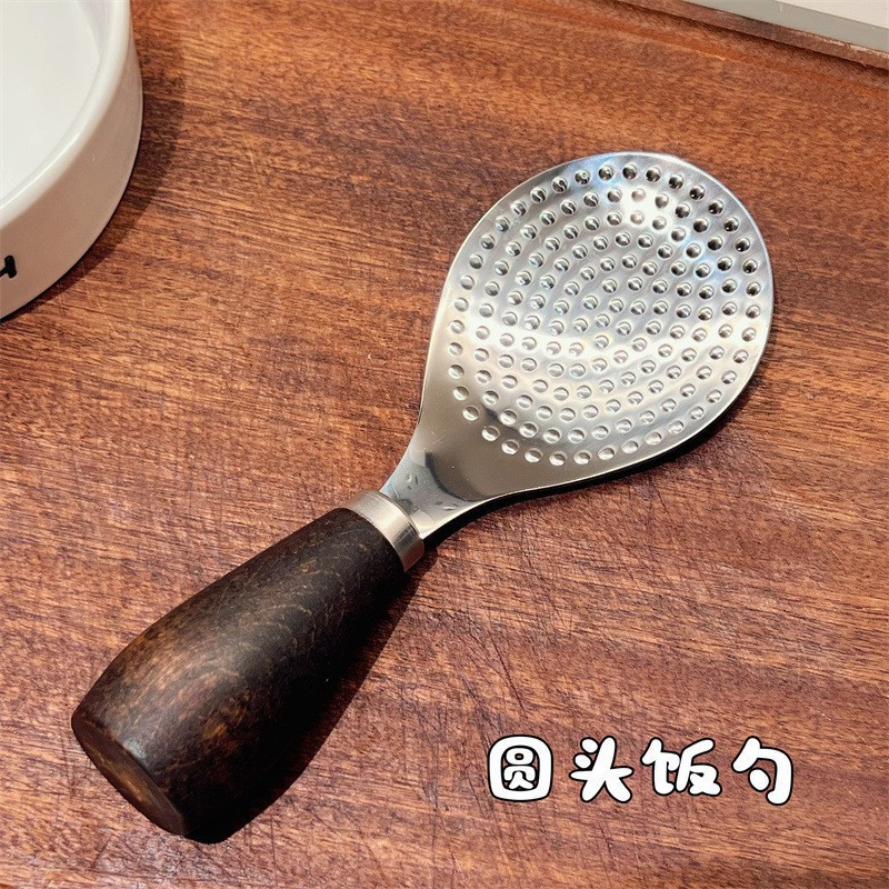 Thickened Vertical Rice Spoon Household Wooden Handle Rice Cooker Rice Stainless Steel Spoon Kitchen Rice Serving Wooden Handle Non-Stick Rice Spoon