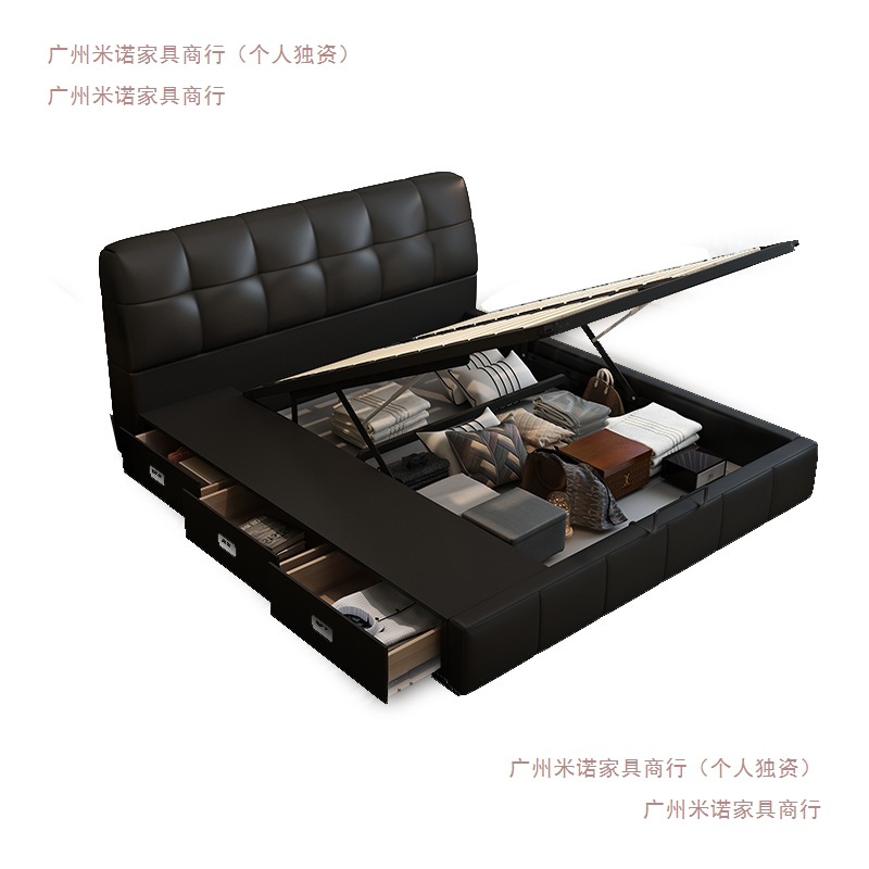 Modern Simple Italian Black Puff Bed Leather Small Apartment Storage Bed Double Bed Wedding Bed Leather Art Bed Large Bed