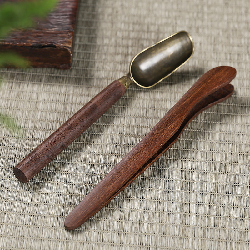 Factory ebony alloy teaspoon teaspoon tea clip two-piece bergamot tea spoon tea ceremony accessories support logo
