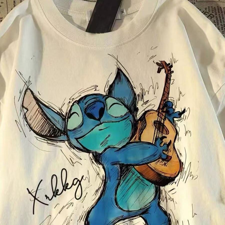 Short-Sleeved Stitch Cartoon Shirt 2025 Summer Printed Loose American Couple Tops Order Lamb Velvet