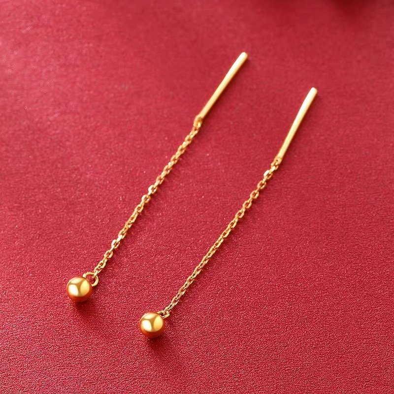 18K Gold Bead Earrings Au750 Colored Gold Simple Long Earrings for Pierced Ears, Bean Gold Earrings, Water Shell Gold