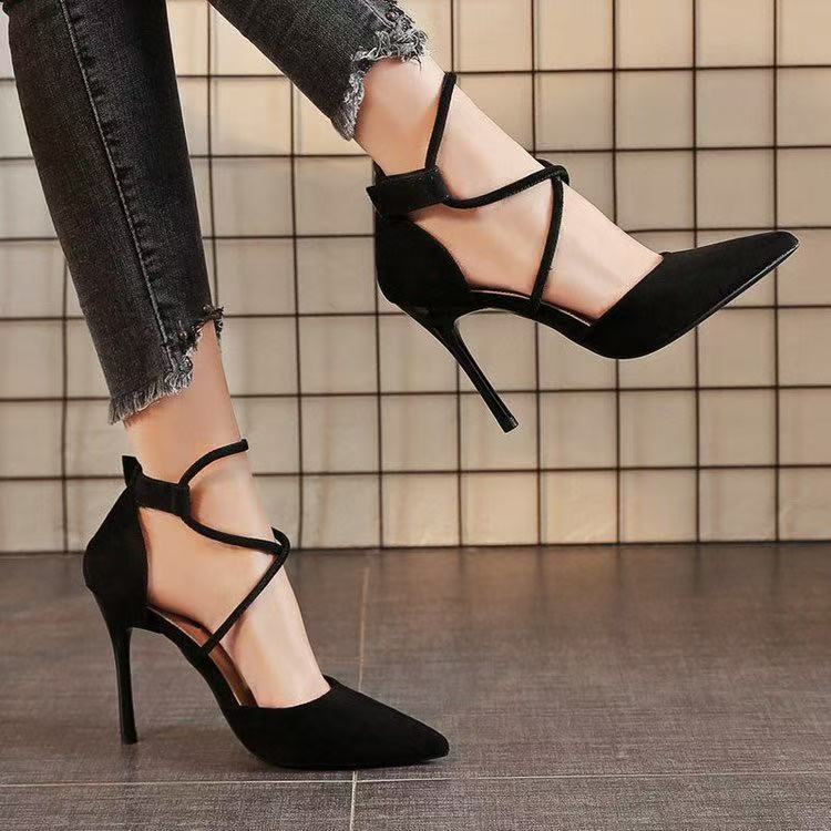 Sexy Pointed-Toe High-Heeled Shoes for Women 2025 Spring New Elegant Cross-Strap Flats Suede Stiletto Heels for Women