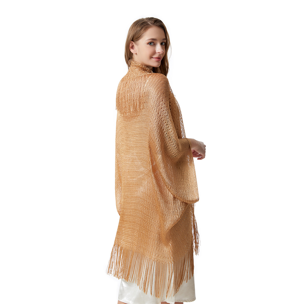 2024 New Polyester Batwing Sleeve Shawl Gold and Silver Summer Thin Outer Hollow Tassel Sunscreen plus size Cardigan