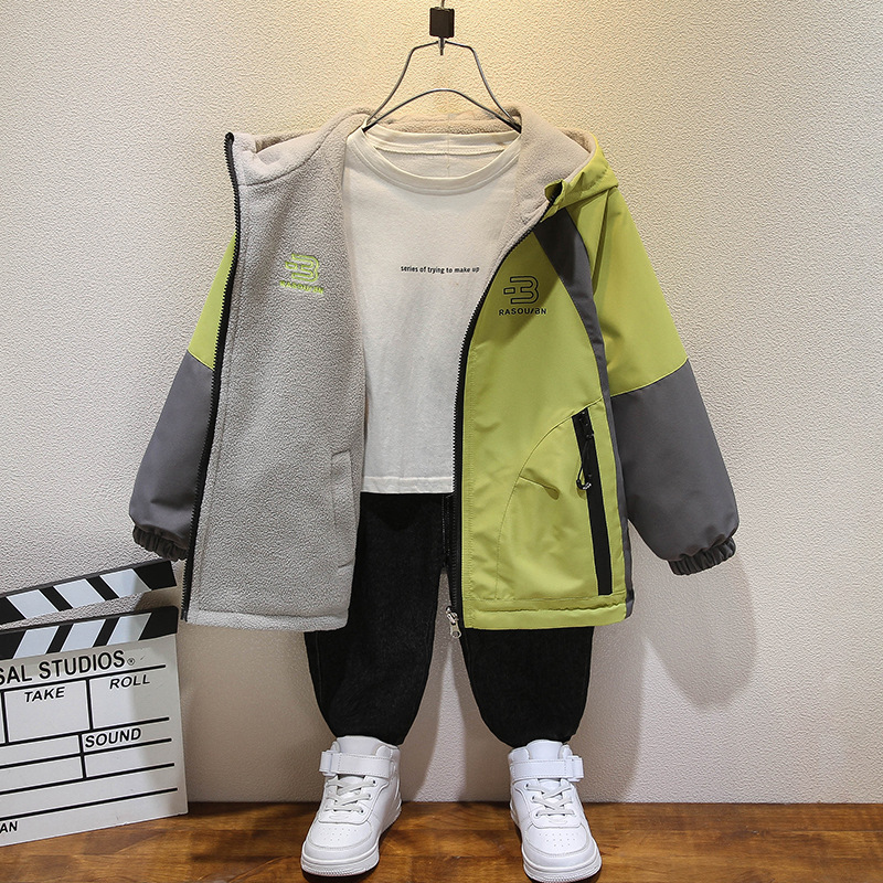 Boys' Autumn and Winter Fleece-Lined Reversible Jacket 2025 New Children's Windbreaker Spring and Autumn Coat for Older Children Reversible