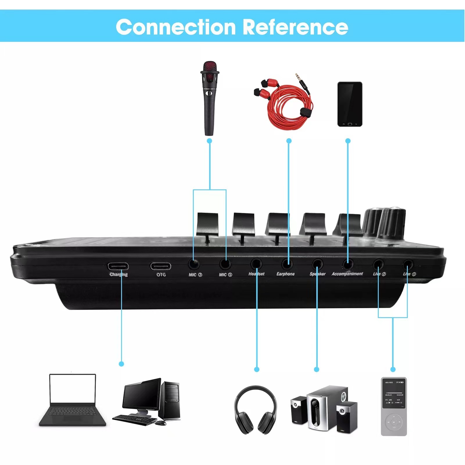 English version sound card cross-border indoor outdoor recording computer mobile phone accompaniment Bluetooth live broadcast equipment e-commerce with goods