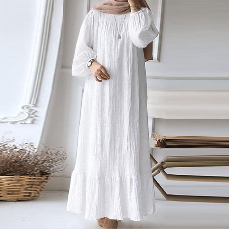 Foreign Trade Muslim Women's Robe Spring & Fall Fashion Long-Sleeved Retro Long Skirt Pure Color Ruffled Hem Dress for Women