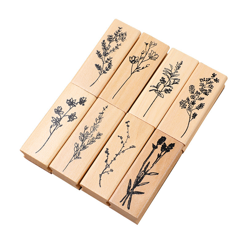 Exquisite Wooden Flowers and Plants Set Seal Creative Fresh Plant Hand Account DIY Diary Album Decorative Seal 8 Selection
