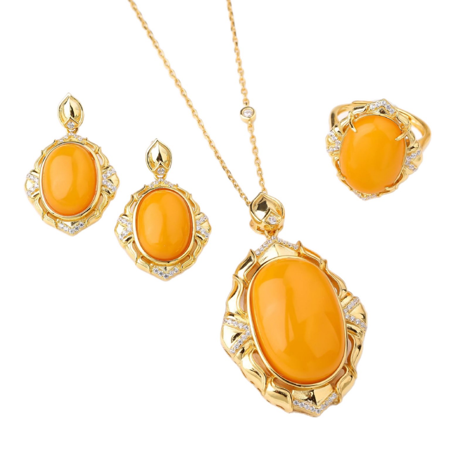 S925 Silver Natural Russian Amber Simple and Elegant Smooth Fashion Retro Set Pendant Earrings Ring