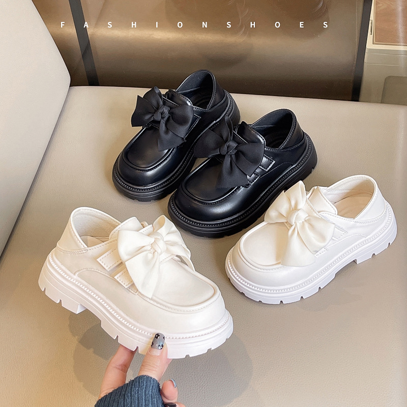 Girls' Leather Shoes Black Spring and Autumn Performance Shoes Bow Tide Soft Sole Shoes for Middle and Large Children and Primary School Students