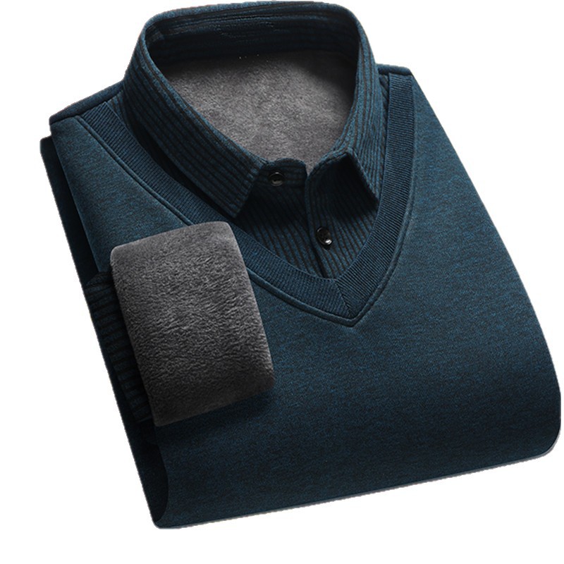 Autumn and Winter Men's Velvet Thickeneded Middle-Aged Sweater Daddy's Long-Sleeved Shirt Collar Fake Two-Piece Shirt Thermal Intimates