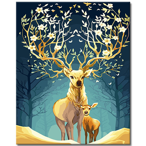 Golden Series DIY Digital Painting, Light Luxury Style Elk Decorative Painting with Chinese Style Meaning, Living Room Background Wall Hanging Painting