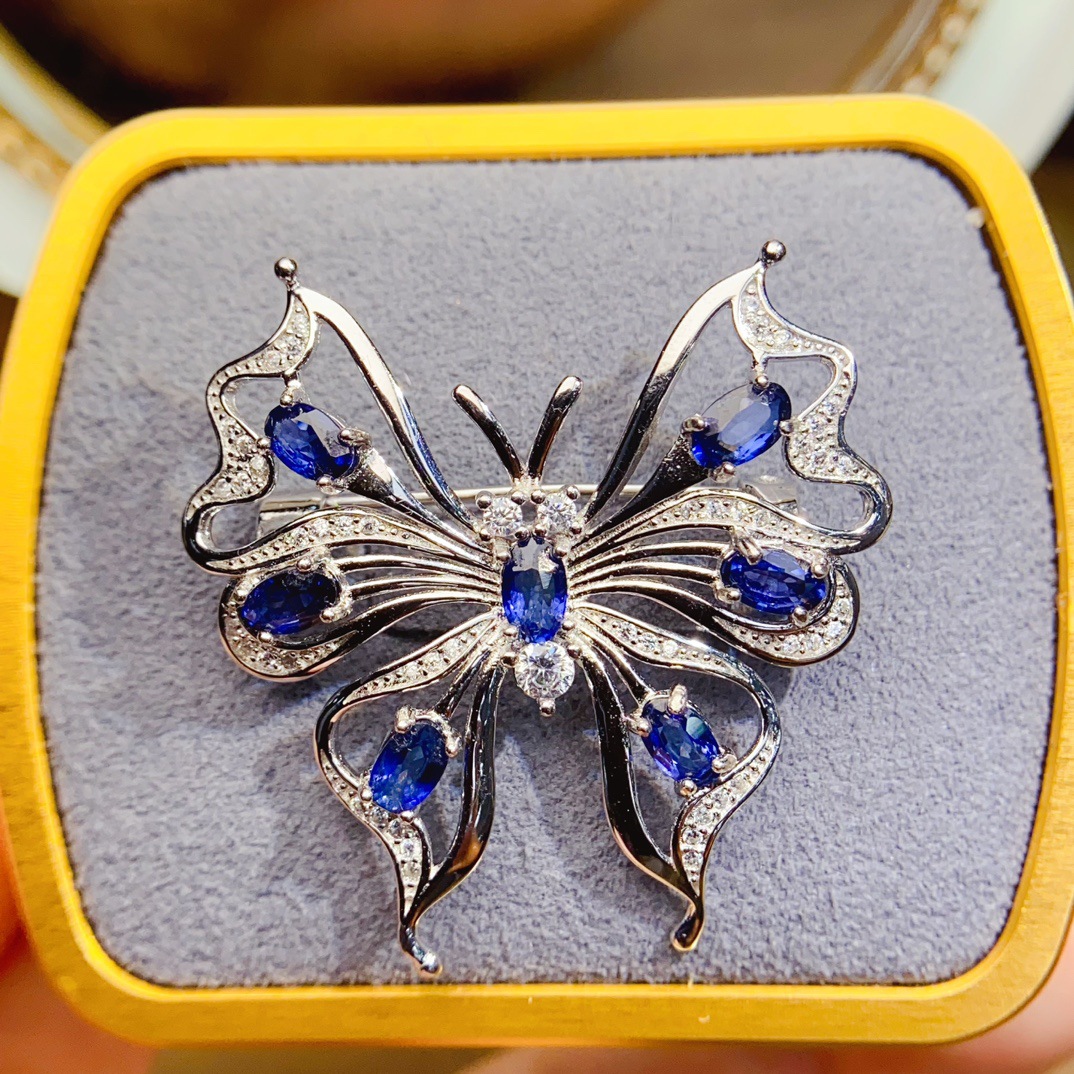 Оптовая продажа популярной натуральной сапфировой броши S925 из серебра с инкрустированным основным камнем 3*5, популярная в Европе и Америке, дропшиппинг