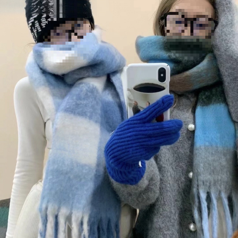 Autumn and Winter New Thickened Warm Rainbow-Colored Plaid Scarf European and American Loop Yarn Thick Tassel Color-Blocking Shawl