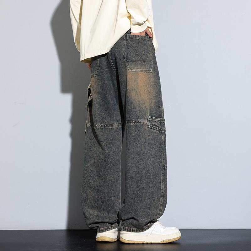 Jyf-M8827 Retro Workwear Elastic Jeans Men's 2025 Autum American Washed Loose Straight Wide Legs