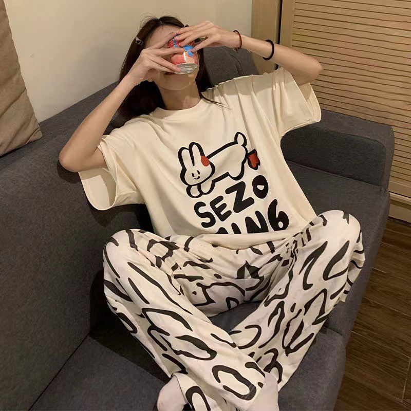 2025 Summer Short-Sleeved Pants Pajamas for Women, Loose and Cute New Style, Thin Home Clothes Set That Can Be Worn Outside in Summer