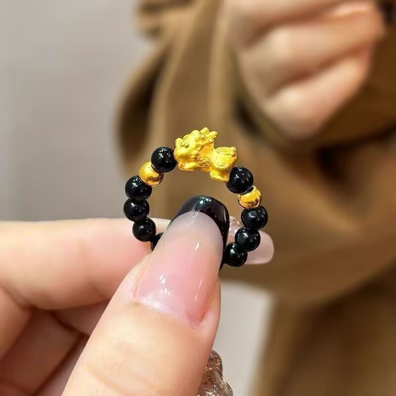 Simple Coco Love Love's Pixiu Ring Golden Transfer Beads Lucky Luck Couple Ring Niche Weaving Ring