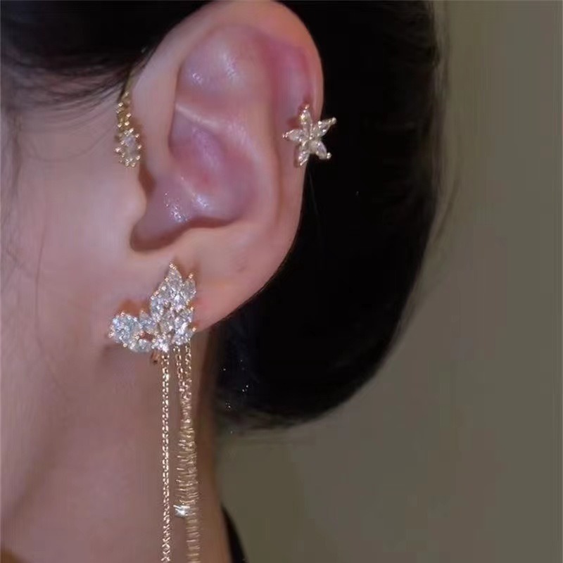 Flower Tassel Ear Cuff Ear Hook with Diamond Wheat Ear Cuff Without Piercing Niche Super Fairy Elegant High-End Earrings