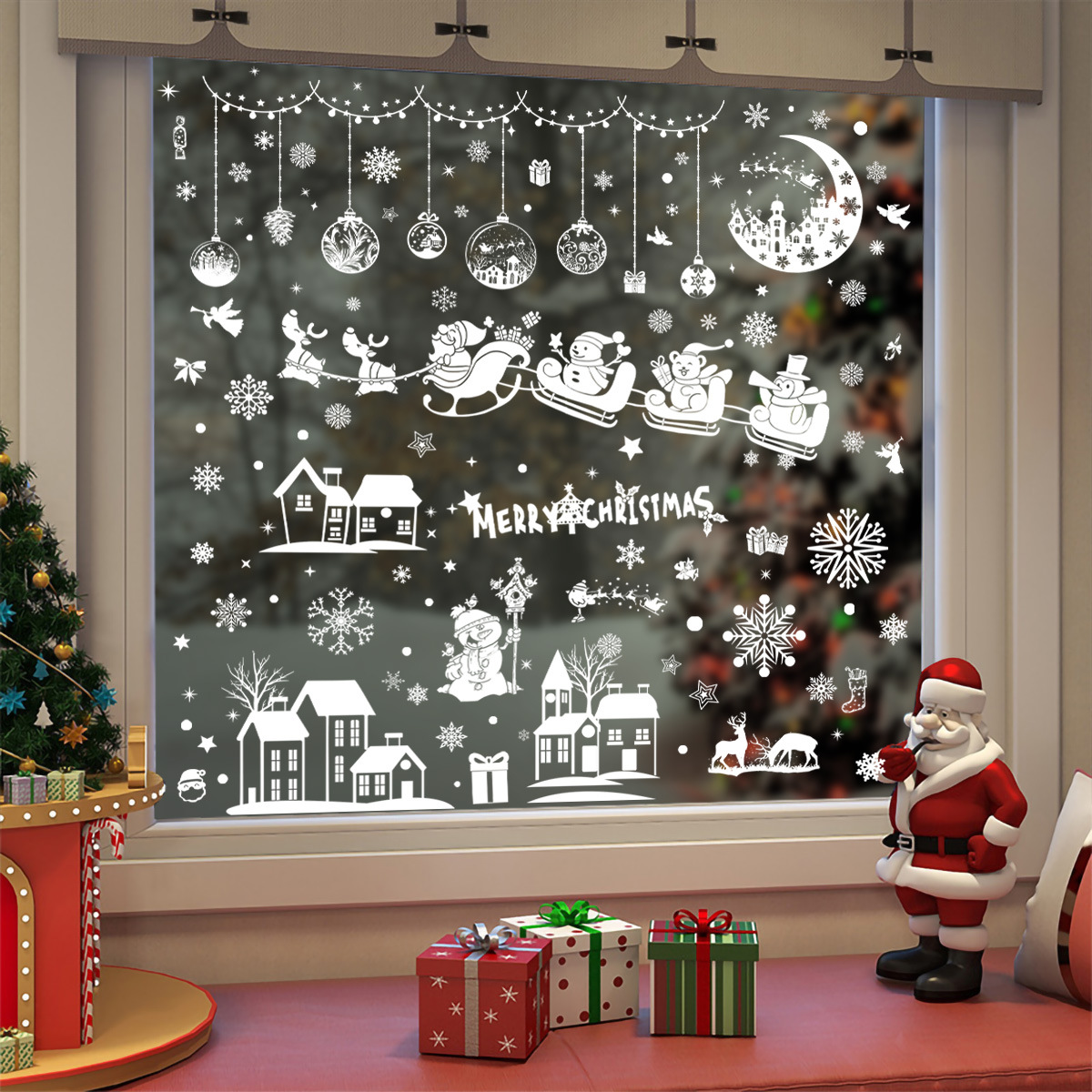 Рождественские наклейки Санта Клаус Олень Снеговик Луна Иглу Подвесной шарик Наклейка для стеклянного окна