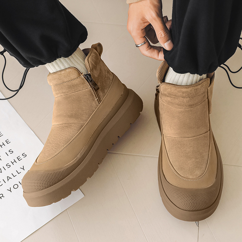 Autumn and Winter New Men's Plush Outdoor Warm Fleece Thickened Casual Versatile Thick-Soled Height-Increasing Anti-Slip Snow Boots Trendy Shoes