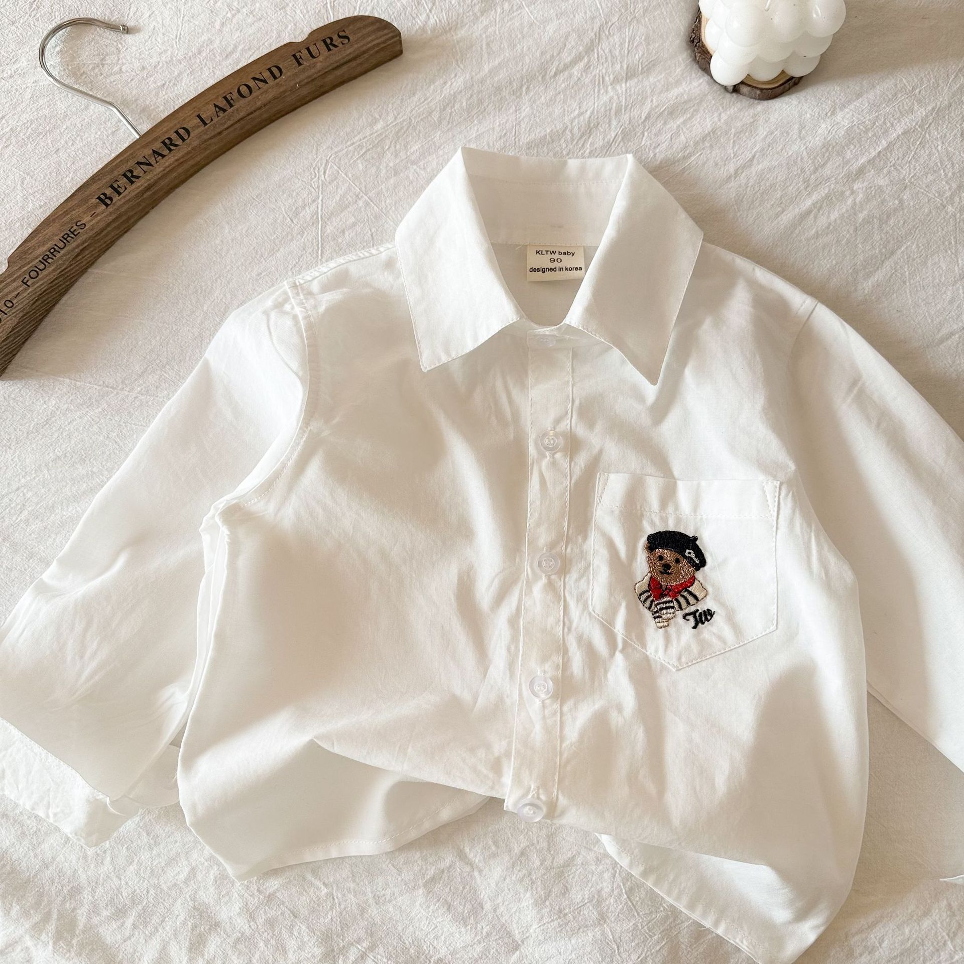 Children's Shirt 2025 Spring and Autumn New Boys and Girls Top Baby Cartoon Denim Top Bear White Shirt