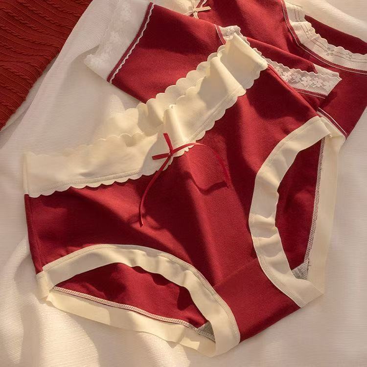 Benmingnian Red Cotton Lace Underwear Women's Shaving Traceless Middle Waist Breathable Bacteriostatic Crotch Women's plus size Wedding Festive