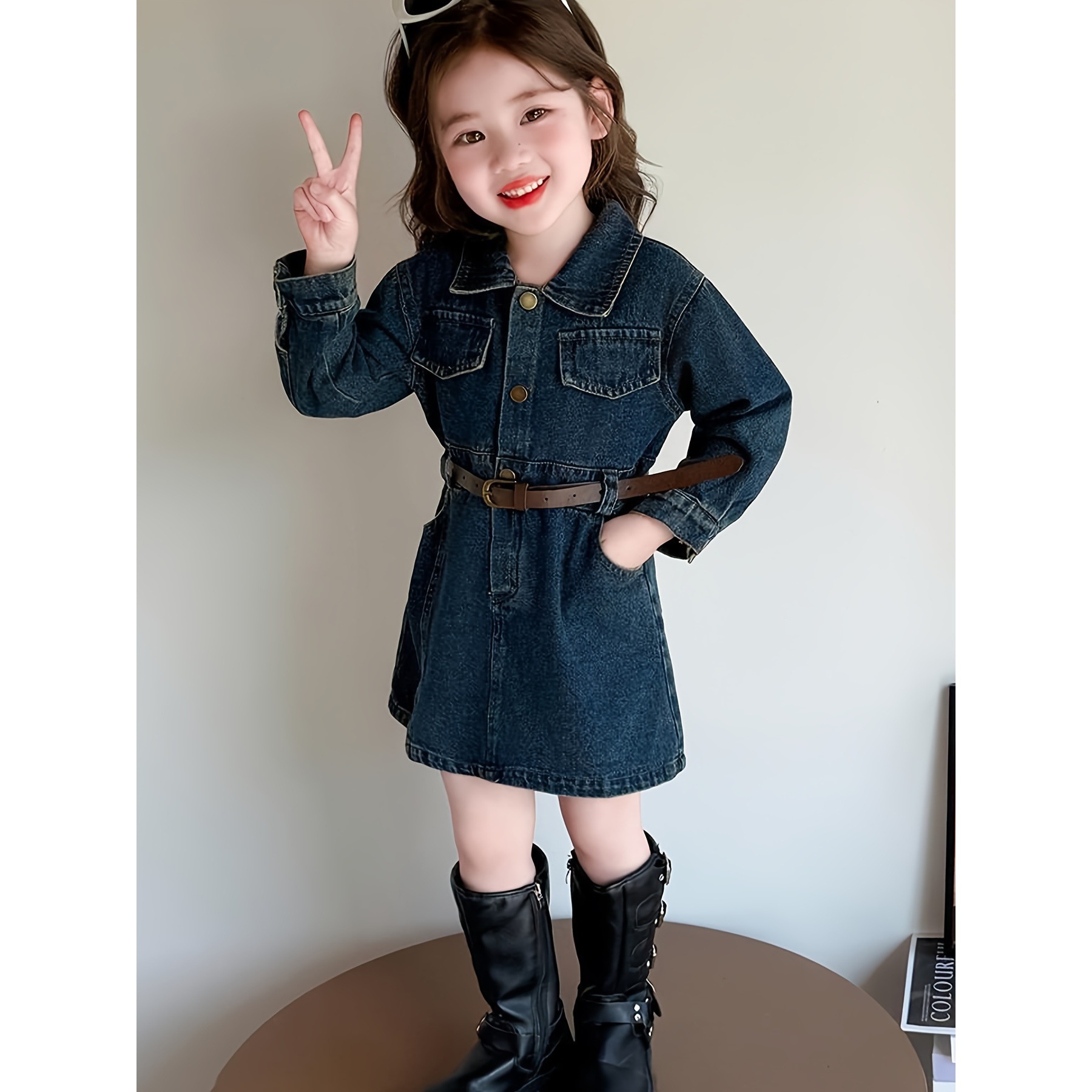 Girls' Autumn and Winter Dresses New Baby Girl Korean Style Kidsren's Fashionable Skirt with Belt Dress