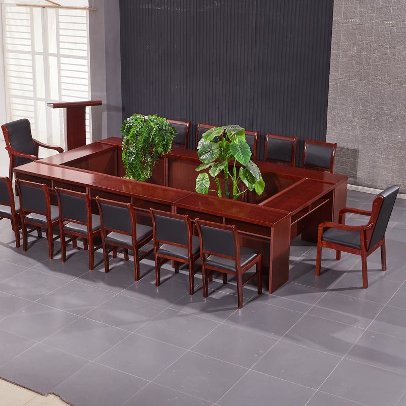 Double conference table meeting room table and chair walnut solid wood leather strip training table and chair paint 1.2 m meeting table