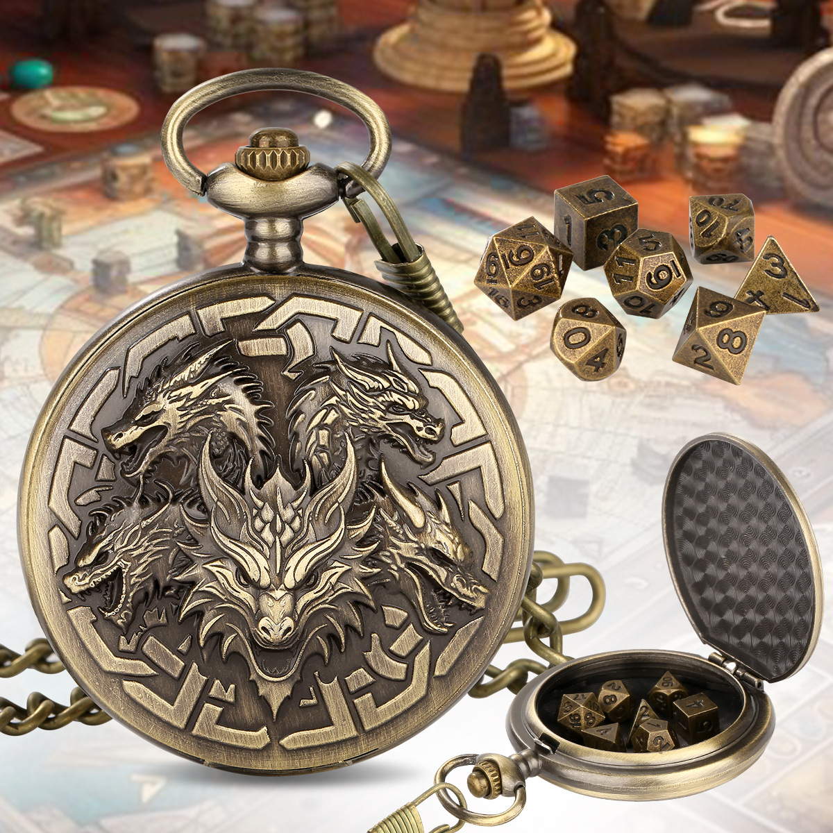 Dnd Dice Accessory Pocket Watch Case with Vintage Engraving, Featuring a Large Dragon Head in the Middle, Five Dragon Head Flip Cover Pendant, Available for Direct Sale