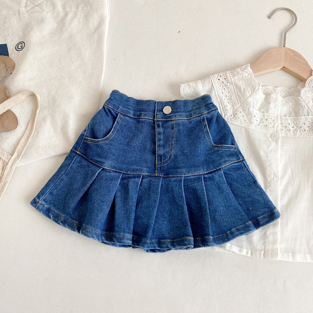 Girls' Denim Pleated Skirt Pants Children's Wear 2023 Summer Korean Style Baby Girl Stretch Short Skirt 52901 Skirt