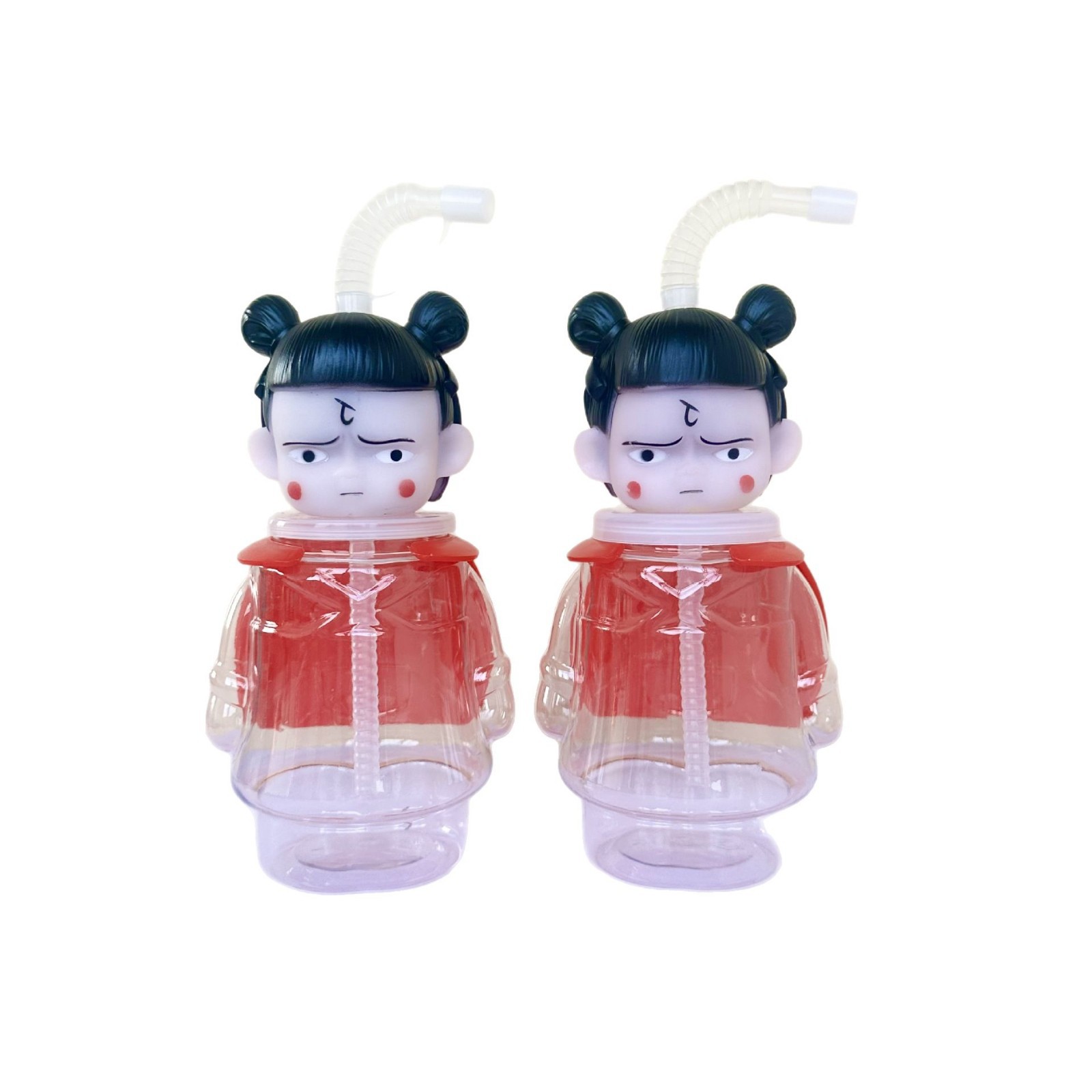 Disposable Kidsren's Cute Plastic Cup Milk Tea Juice Drink Bottle 500Mlpet Nezha Shaped Straw Cup