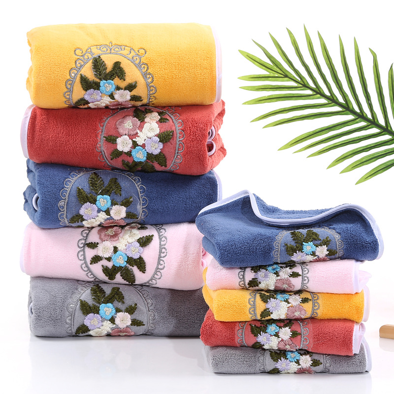 Wholesale Coral Velvet Embroidered Floral Bath Towel Towel Set Cross-Border Hot Sale Spot High-End Edge Multi-Color Towel Set