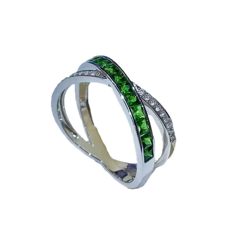 Platinum Pt950 Cross Ring Inlaid with Laboratory-Grown Diamond Tsavorite Green Gemstone Ring for Women