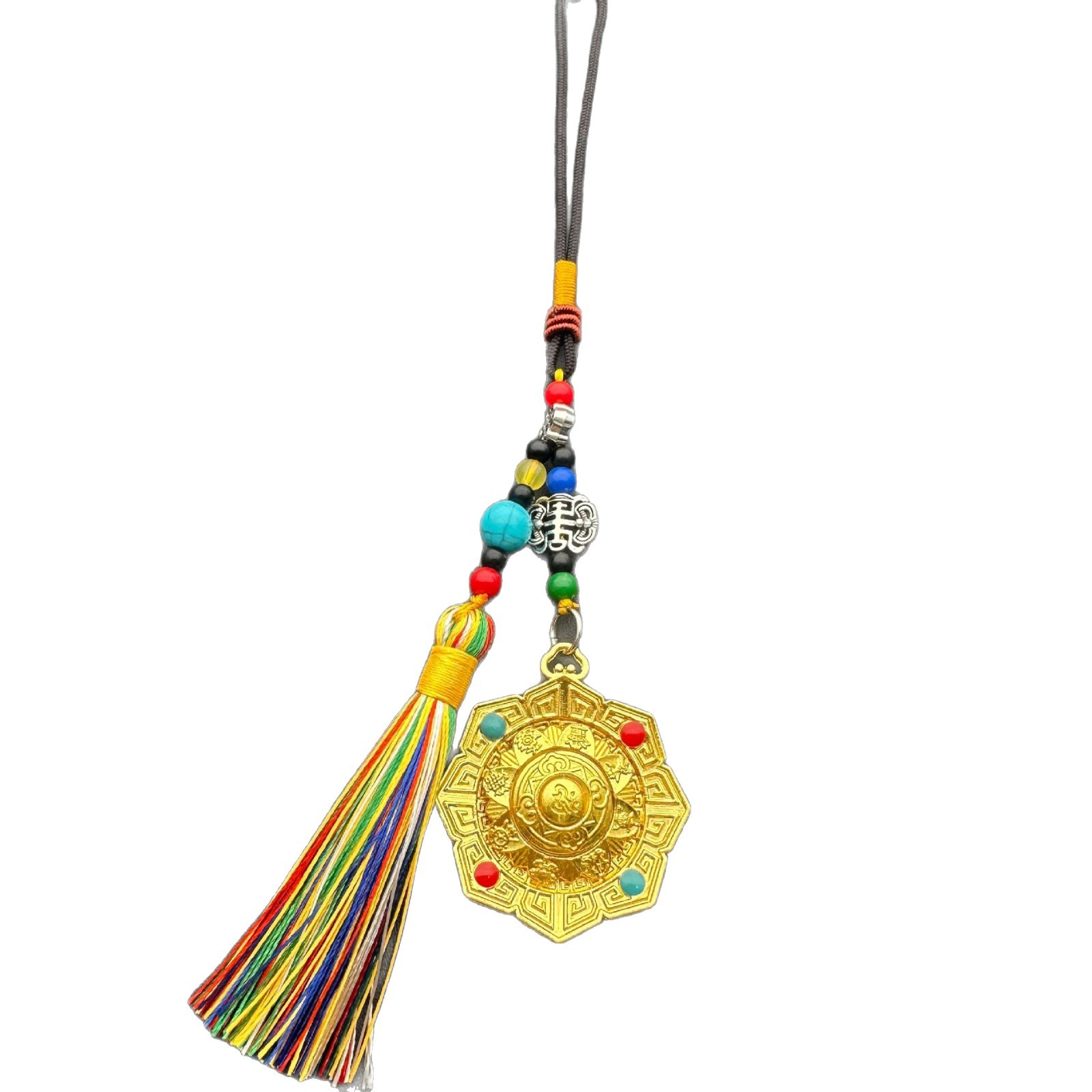 Xizang Ritual Pendant, Padmasambhava Nine-Compartment Bagua Amulet, Xizang Buddhist Amulet, Alloy Xizang-Style Waist Pendant, Copper Mirror Tassel for Blessing