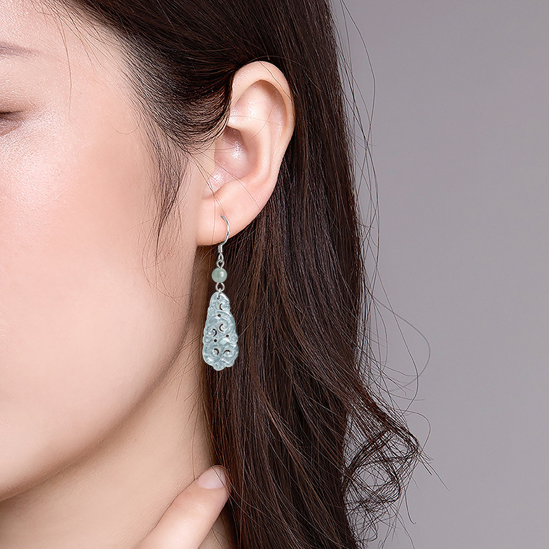 Natural A Jade Blue Water Ruyi Earrings S925 Silver with Ice Jade Earrings Antique Earrings Women's Earrings