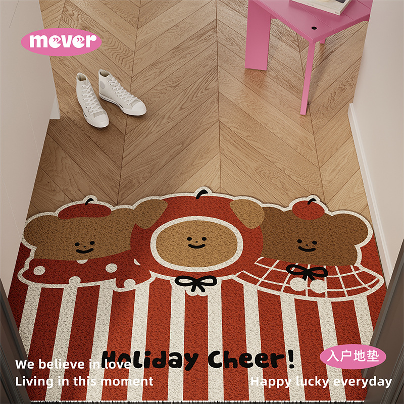 Коврик для входа с милым медведем и яблоком, шелковый круг, красный, новогодний, нескользящий