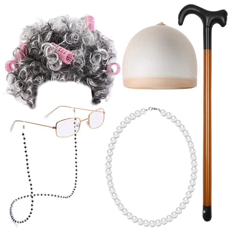 Amazon Hot Sale Gray Old Woman Wig Halloween Old Lady Short Curly Hair Old Grandpa Granny Wig