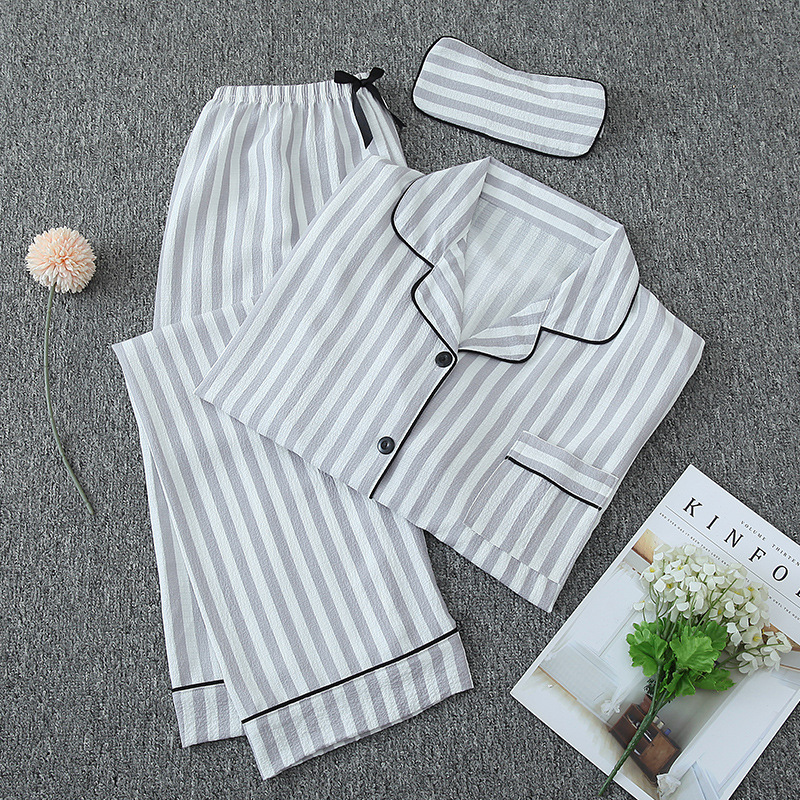 Four seasons can wear striped pajamas women cross-border OZON bubble wrinkled cotton home wear long sleeve trousers eye mask suit