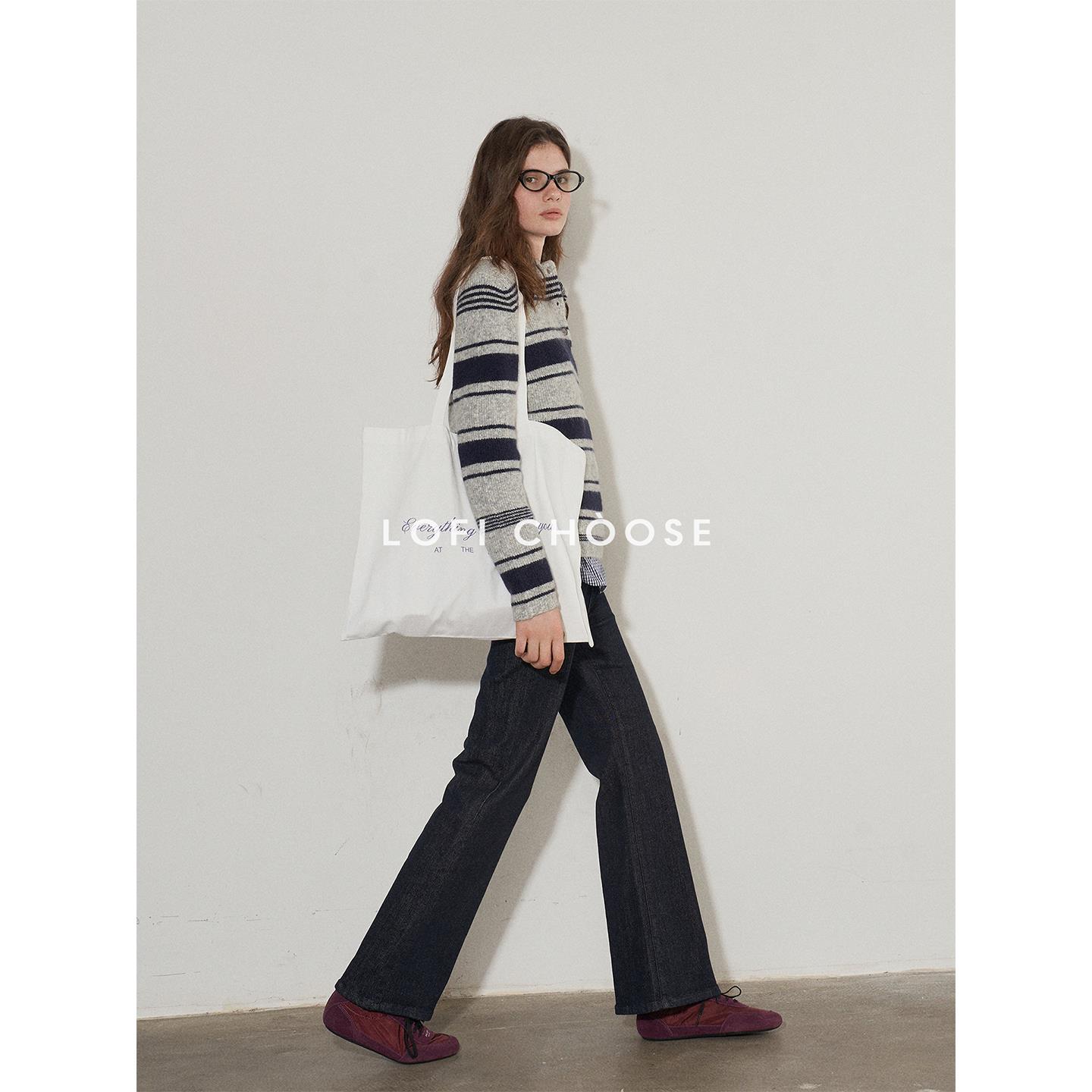 Lofi Choose Stripesd Polo Collar Knitted Sweater Women's Autum New Simple Loose Versatile Long-Sleeved Top