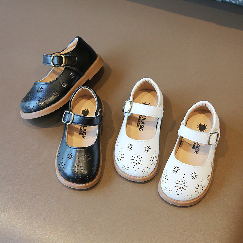 White Girls Leather Shoes Cut Out Breathable 2025 Summer New British Style Kidsren's Princess Shoes Preppy Style Small Flats