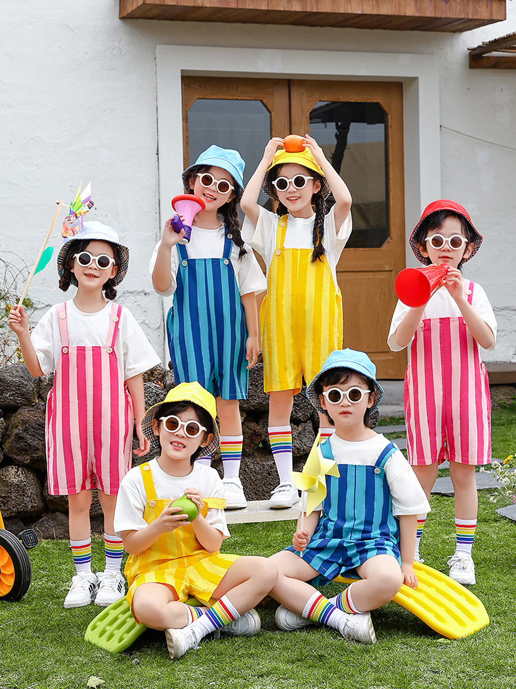 Kindergarten Recitation Chorus Performance Clothing Group Dance Cute Colorfulful Overalls Kidsren's Cheerleading Performance Clothing Summer