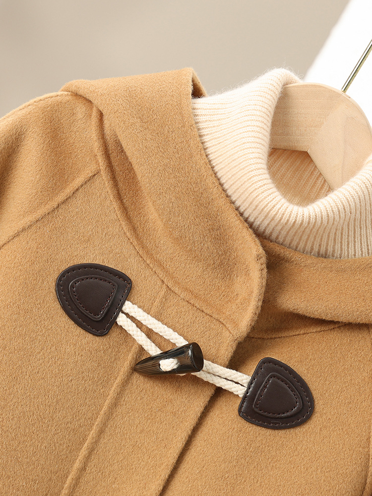 New Korean Style Kidsren's Double-Sided Horn-Button Woolen Outwear for Boys and Girls, Mid-Length Hooded Outwear