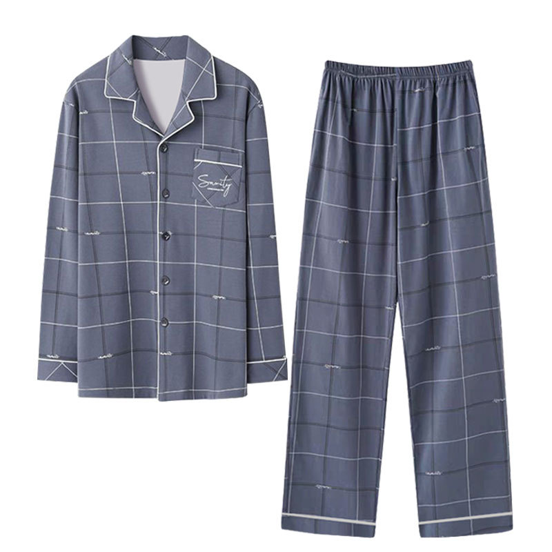 Plaid Men's Pajamas Spring and Autumn Pure Cotton Long-sleeved plus size Imitation Cotton Thin Autumn and Winter Casual Home Clothes for Middle-aged suit