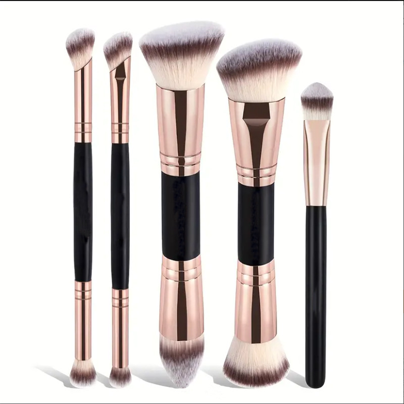 Cross-Border 5 Double-Ended Makeup Brushes, Foundation Blush Brush, Three-Color Soft-Bristled Contouring Brush, Loose Powder Brush, Foreign Trade Beauty Tools
