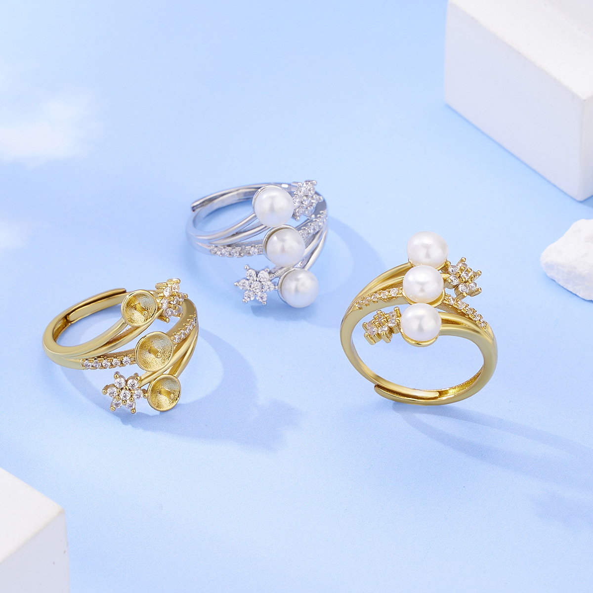 Кольцо с натуральным пресноводным жемчугом и цирконом, медное, позолоченное, много бисера, регулируемое, креативные украшения, оптовая продажа
