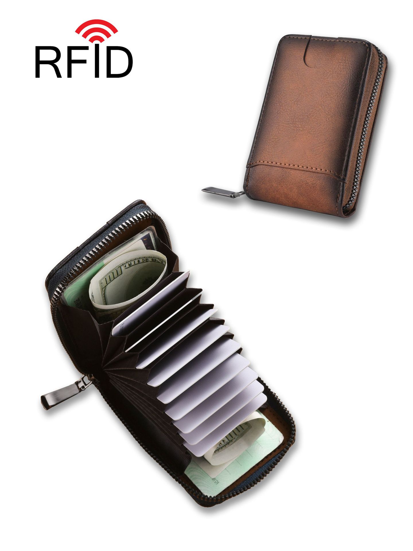 Retro Men's Card Holder Anti-Theft Rfid Multi-Card Slot Zipper Wallet Wholesale Large Capacity Men's Wallet Coin Purse