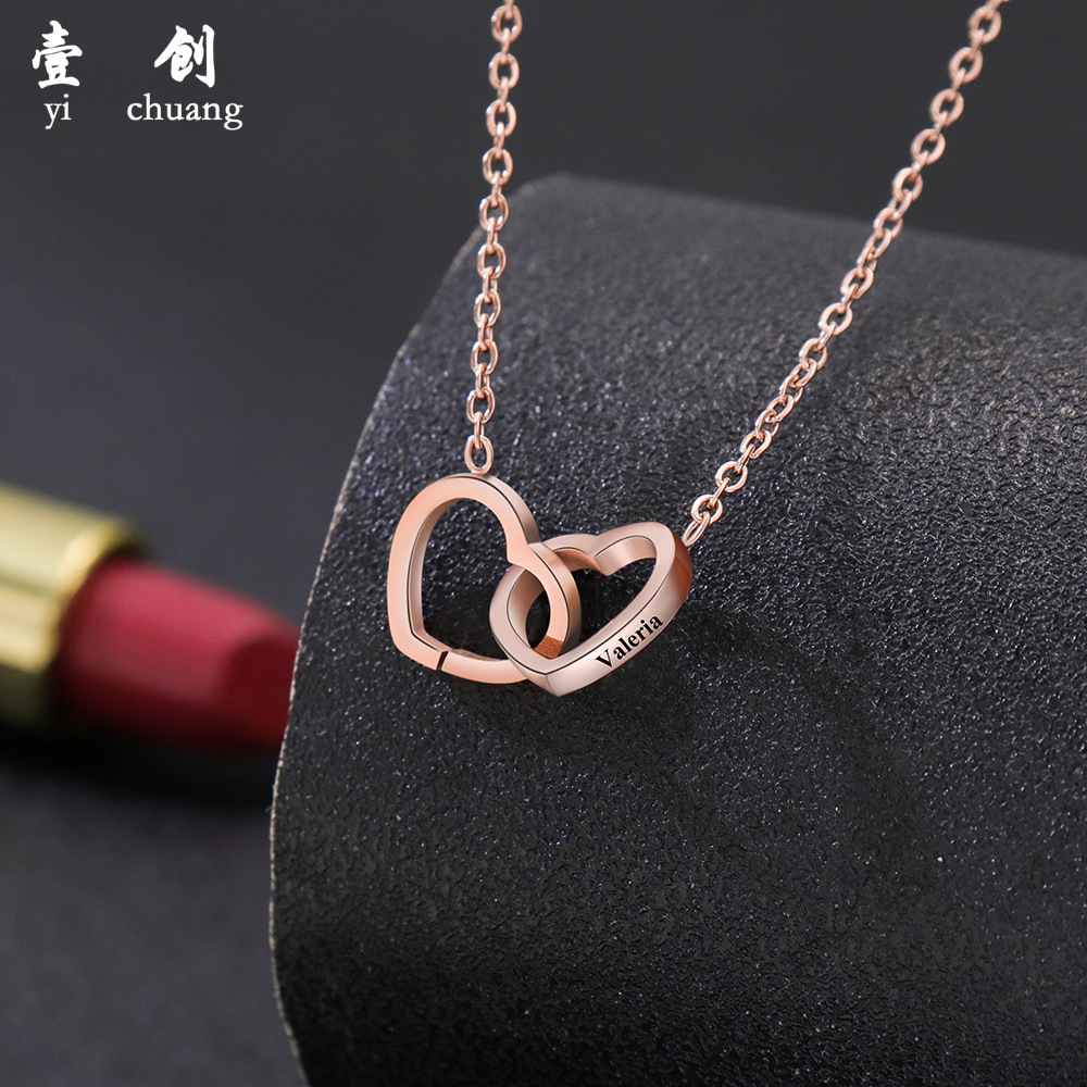 Stainless Steel Double Heart Engraving Necklace Engraved Heart Necklace European and American Cross-Border Popular Fashion Simple Gift